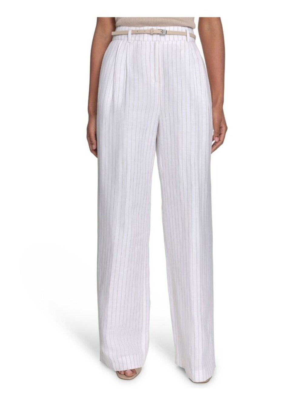 Calvin Klein Women Pinstriped Linen Belted Pleated Pants White Size 2 $119